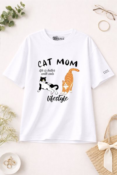 FANA Cat Mom Printed Women's T-Shirt - Special for Cat Moms, 100% Cotton Loose Fit T-Shirt for Cat Lovers