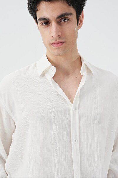 GIESTO Striped Patterned Draped White Shirt
