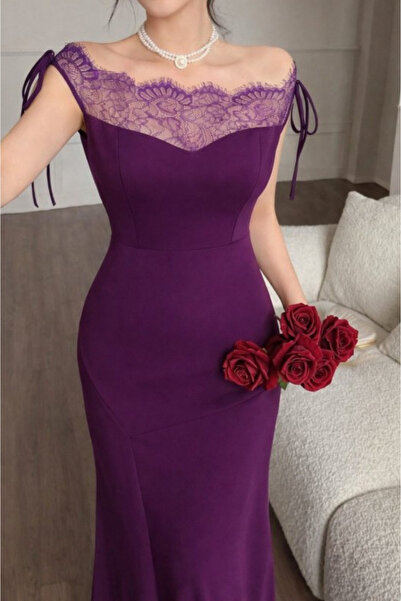 Kokosh moda Kadın Göğüs Ve Yakası Dantelli Uzun Krep Elbise