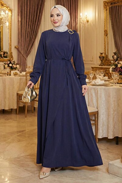 hafsamina Plus Size Buckle Detailed Tie-Up Hijab Dress Navy Blue Hm2887-2
