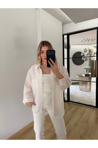 CKBUTİK Beyaz Düşük Omuzlu Oversize Tensel Gömlek-4612