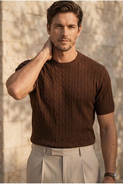 Valiberta تي شيرت رجالي من Walsh Hair Knit بياقة دائرية ونقوش - بني