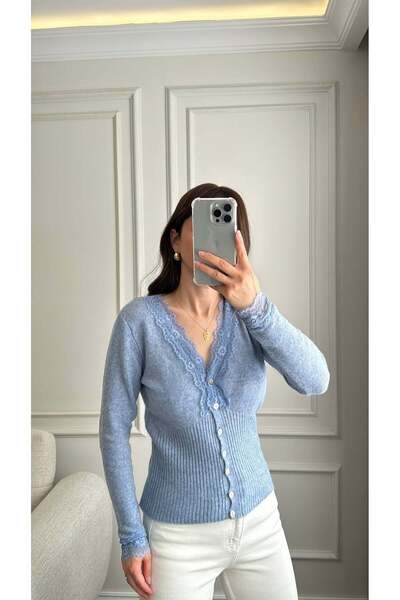 Büşce DANTELLİ YUMUŞAK HIRKA MAVİ
