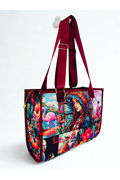 MORA BAG Taşıma Çantası - Goblen Nakış Şapkalı Kız Desenli/ Bordo
