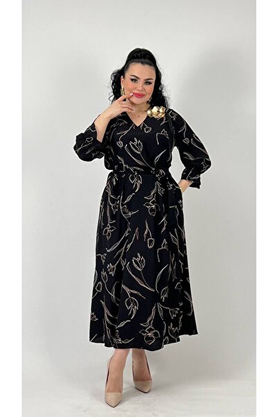 mardi exclusive Women's Plus Size Brooch Detailed Patterned Dress Black