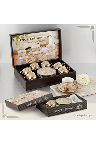 OEM Σετ Ελεγκάντ Καφέ – 6 Φλιτζάνια + 6 Πιατάκια – Πορσελάνη