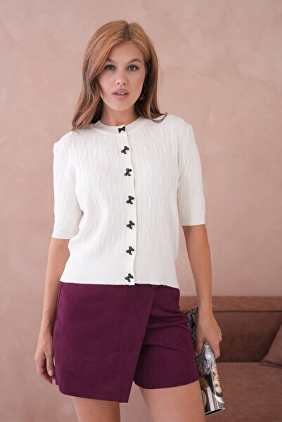 Noi Belis Crew Neck Knit Detailed Short Sleeve Knitwear Cardigan Ss26Hi0007