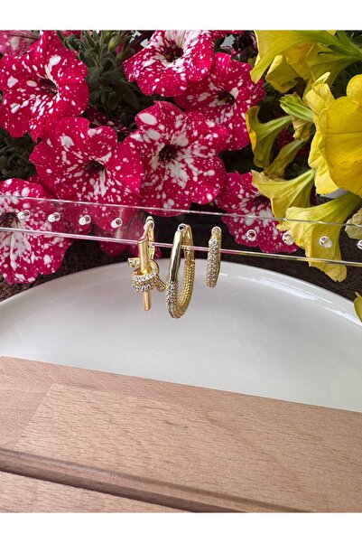 Tasarım Gold 3 Farklı Model Zirkon Taşlı Küpe