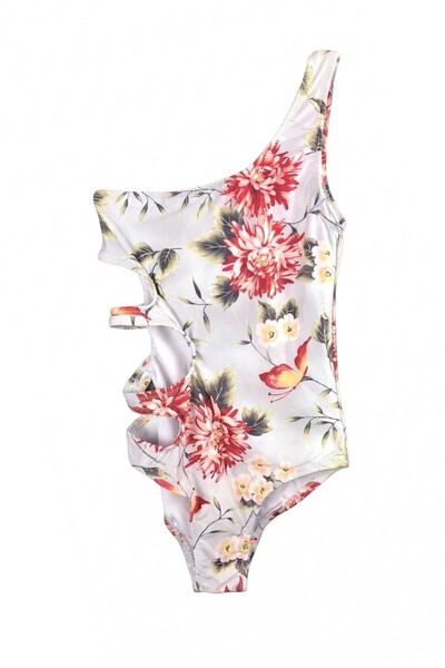 LOOK ME Vintage Floral Figured Asymmetrical Cut Girls' Swimsuit with Triple W...