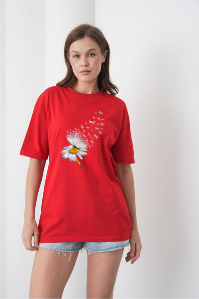 caddekombin Γυναικείο βαμβακερό χτενισμένο κόκκινο μπλουζάκι με στάμπα λευκής...