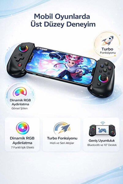 FaroxTech RGB Işıklı Kablosuz Mobil Oyun Kolu - 252mm Genişleyebilir Tablet &...