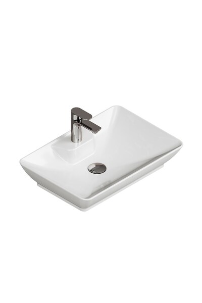 AQUA BAGNO Leon Tezgah Üstü Lavabo 60x40 cm Batarya Delikli Seramik Beyaz Çan...