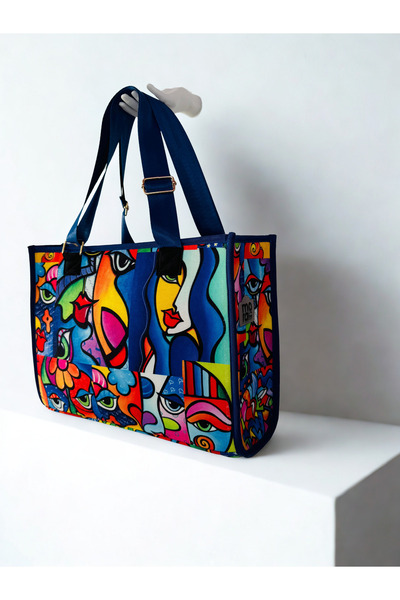 MORA BAG Taşıma Çantası - Gülen Yüzler Gözler Desen/Saks Mavi
