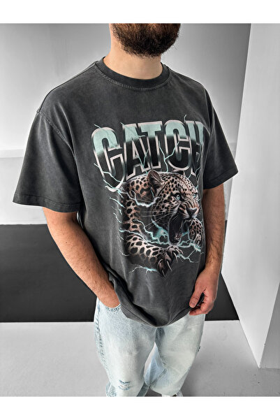 NO1 KONSEPT Μπλουζάκι με στάμπα λεοπάρ σε ανθρακί χρώμα, υπερμεγέθη, πλενόμενο