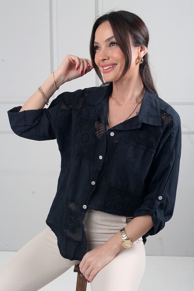 By Saygı Γυναικείο ιταλικό βαμβακερό πουκάμισο με δαντέλα και σχέδιο χρυσάνθεμου