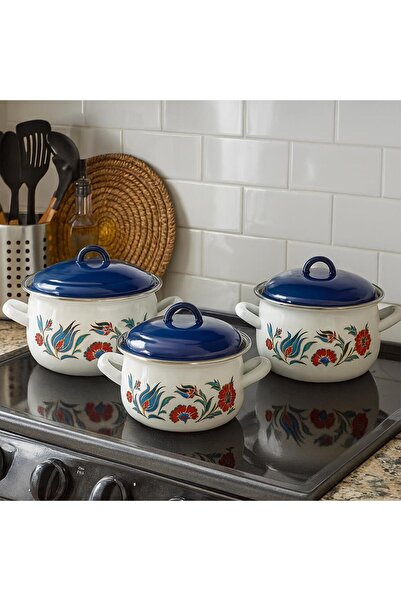 Serenk Premium Enamel Cookware Set 3Pcs Set Deep and Shallow Pot 18/20/22cm
