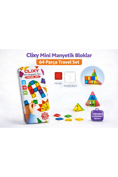 TRUST STORE Clixy Mini Manyetik Bloklar 64 Parça Travel Set Taşınabilir Eğiti...