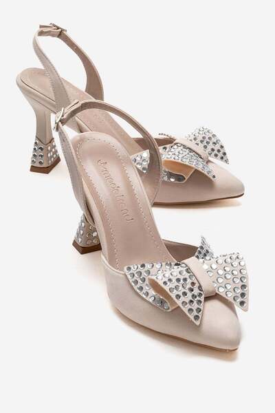 CCWAY AYAKKABI صندل بكعب عالٍ مزين بالأحجار وربطة عنق BEIGE ZRA