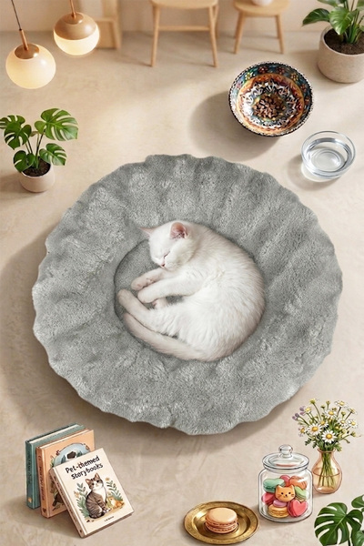 DEKOMOD Puffy Peluş Yumuşak Simit Yuvarlak Kedi Köpek Yatağı Minder Gri