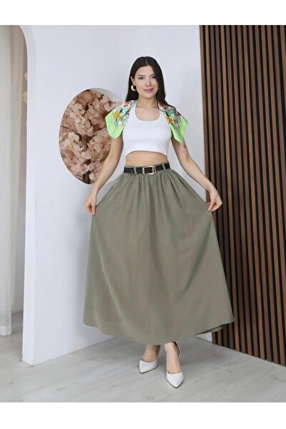 mylunessa Καλοκαιρινή υφασμάτινη χακί φούστα με λεπτομέρεια στη ζώνη και διπλ...
