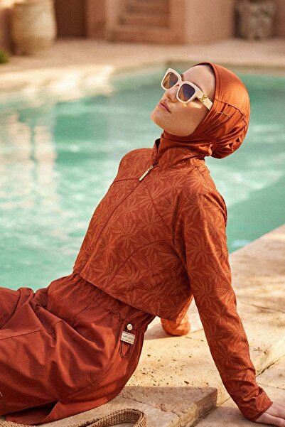 Haşema Vaha Collection Palm Patterned Brick Color 5 Piece Full Hijab Swimsuit...