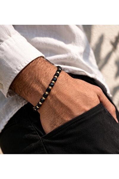 OEM Ανδρικό βραχιόλι με μαύρες χάντρες και χρυσά στοιχεία, κομψός σχεδιασμός,...