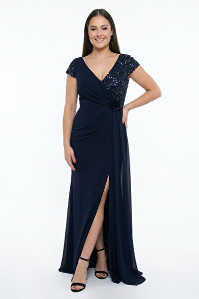 By Saygı Women's One-Side Sequin and Bead Embroidered Lined Plus Size Crepe D...