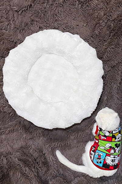 DEKOMOD Puffy Peluş Yumuşak Simit Yuvarlak Kedi Köpek Yatağı Minder Beyaz