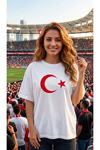 LiyAdaCo Unisex Oversize μπλουζάκι με στάμπα του τουρκικού σημαιοσήματος Λευκ...