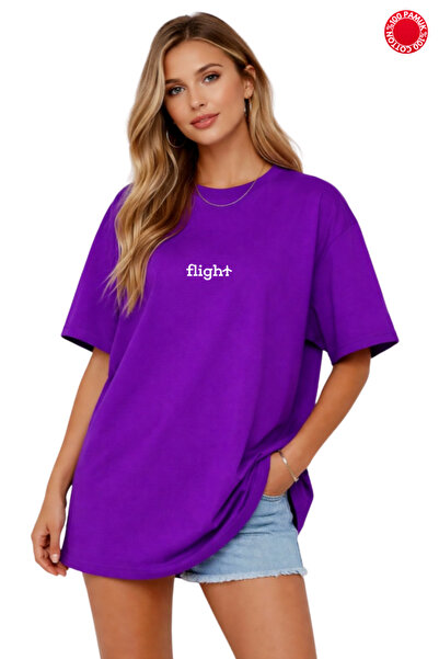 DUBU BUTİK Unisex Oversize Μωβ μπλουζάκι με στάμπα Flight 100% βαμβακερό φαρδ...