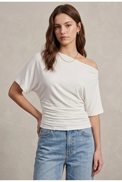 MELA ROSSA Γυναικεία λευκή μπλούζα με κοντό μανίκι, με λαιμόκοψη σκάφος, που ...