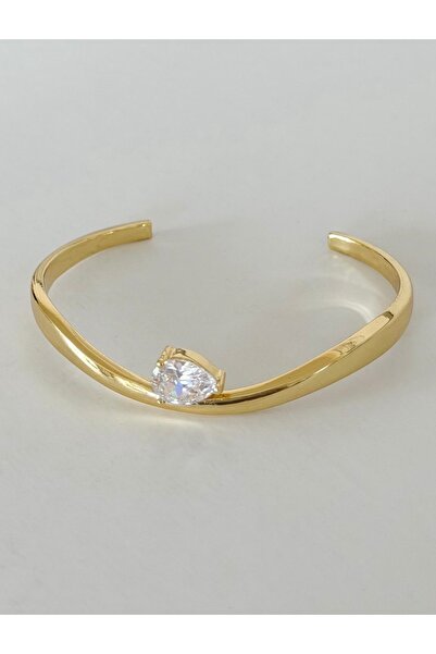 rosen accessories Gold Tek Taş Detaylı Minimal Kelepçe Bileklik