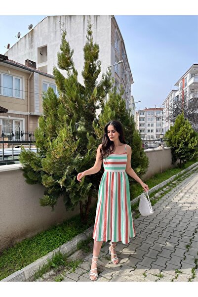 ÇİZGİLİ ASKILI ÖRME ELBİSE