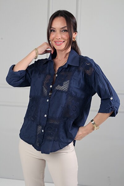 By Saygı Γυναικείο ιταλικό βαμβακερό πουκάμισο με δαντέλα και σχέδιο χρυσάνθεμου