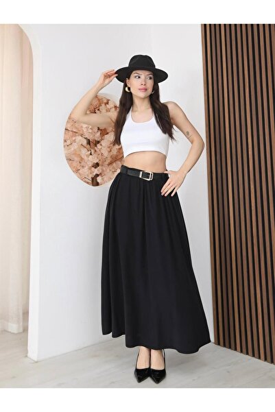mylunessa Καλοκαιρινή μαύρη φούστα από ύφασμα Modal με λεπτομέρεια ζώνης και ...