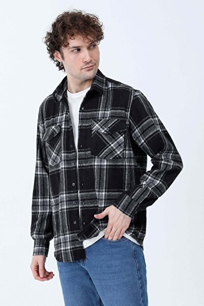 JB John Borners قميص رجالي بأكمام طويلة وجيبين من نوع لودرمان باللون الأسود -...