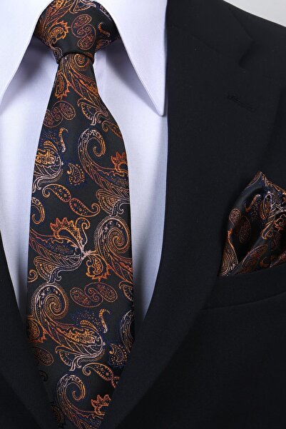 Esgue Χειροποίητο μαντήλι 8 εκ. με σχέδιο σάλι, σε μαύρο χρώμα μουστάρδας