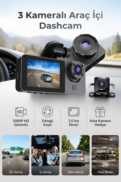 HARVOX Araç İçi Hd Kamera 3 Kameralı Wifi Özellikli 1080P Full Hd Gece Görüşl...