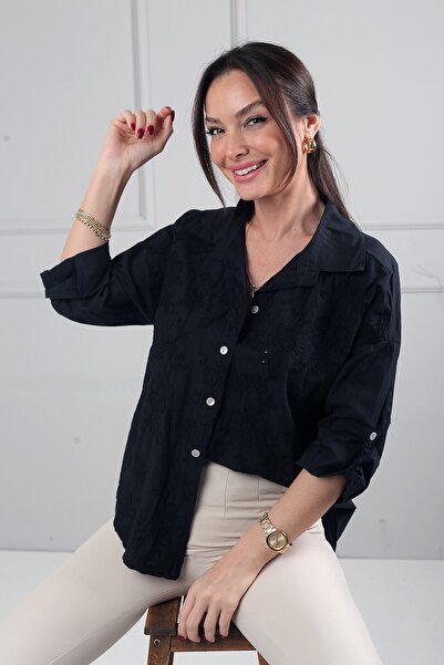 By Saygı Γυναικείο ιταλικό βαμβακερό πουκάμισο με κέντημα λουλουδιών