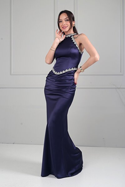 By Saygı Women's Halter Neck Lined Long Satin Dress with Stone Detail