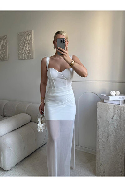Zora Butik Bel Korse Eteği Tül Elbise - BEYAZ