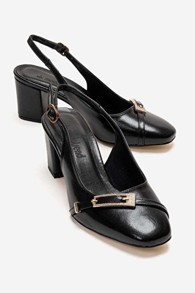 CCWAY AYAKKABI Γυναικεία πέδιλα με ανοιχτή πλάτη και τακούνι, μαύρα με ραβδώσεις