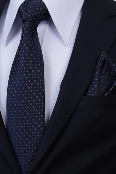 Esgue Hand Made 8 cm Micro Motif Patterned Navy Blue Brown Color Tie with Han...