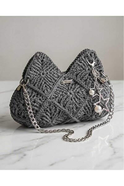 banubags HAND MADE ÖRME GRİ METAL SAPLI ÇANTA