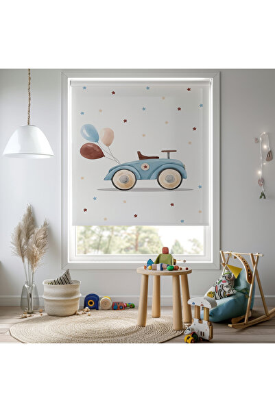 Home Kız ve Erkek Odası - Sevimli Araba ve Balon Desenli Çocuk Odası Stor Perde