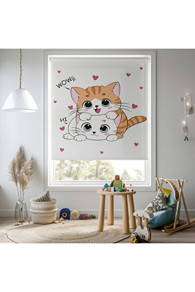 vanilyahome Kız Odası - Sevimli Kedi Desenli Baskılı Stor Perde