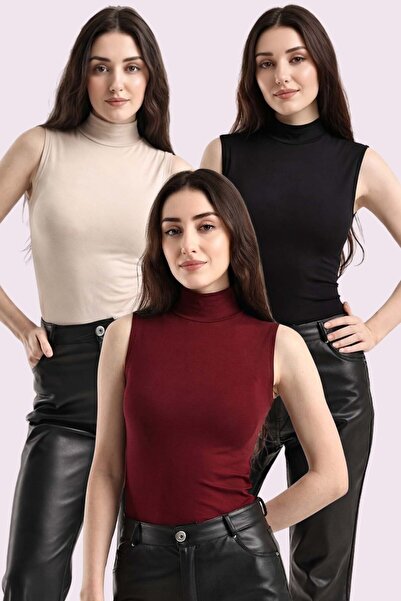 Trend Sizde Women's Cream Black Claret Red Set of 3 Sleeveless Bodysuits