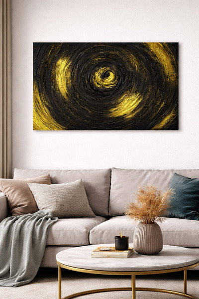 Gold Siyah Spiral Dokulu Tablo 60x40 cm | El Yapımı Rölyef Texture Modern Duvar Tablosu