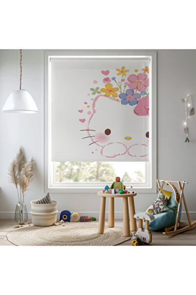 Home Kız Odası - Sevimli Kedi ve Çiçek Desenli Baskılı Stor Perde