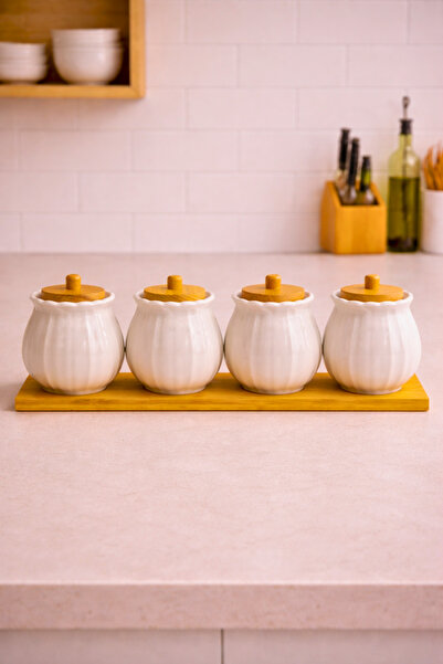 Woodcept. 4-Piece Porcelain Spice Jar Set with Bamboo Stands and Vacuum Lids,...